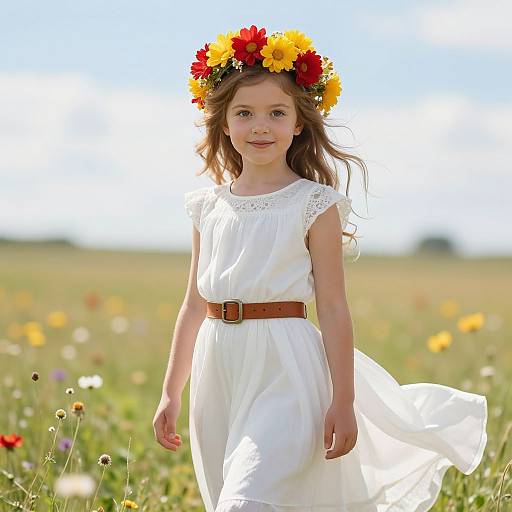 Photograph of a young girl with long brown hair, wearing a white dress with lace sleeves, brown belt, and colorful flower crown, walking through a