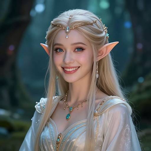 Digital art of a smiling, blonde, elven woman with long hair, pointed ears, wearing a gold headband and teal jewelry, in a mystical