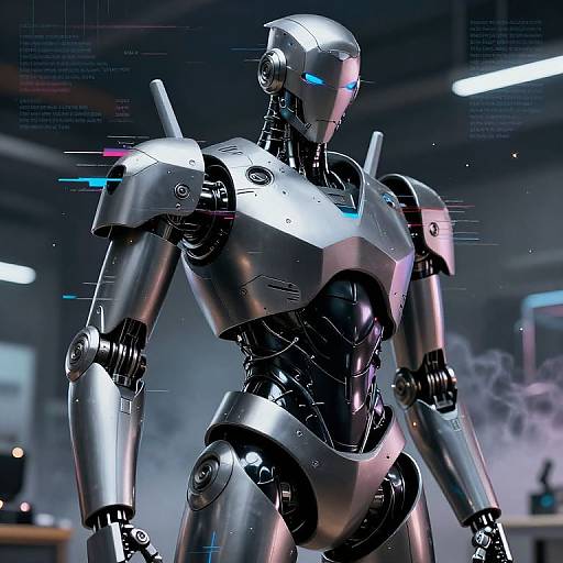 Digital CGI image of a futuristic, silver and black humanoid robot with glowing blue eyes, standing in a dimly lit, high-tech lab.