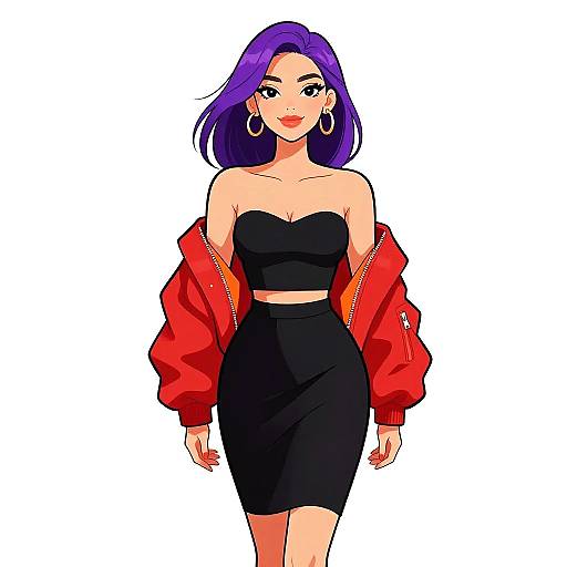 Digital anime-style drawing of a confident woman with purple hair, large hoop earrings, black strapless top, and red jacket, wearing a black skirt,