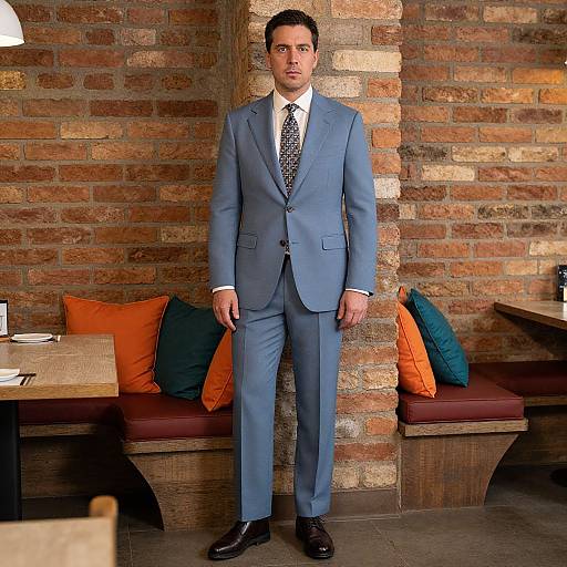 Photograph of a serious, fair-skinned man with dark hair in a light blue suit, white shirt, patterned tie, standing against a brick
