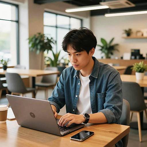Photograph of an Asian man with short black hair, wearing a denim shirt and white tee, typing on a laptop in a modern, brightly lit café