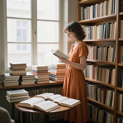 Photograph of a young woman with short brown hair, wearing an orange dress, reading a book in a sunlit library. Stacks of books on