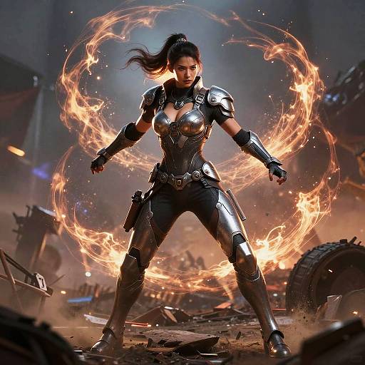 Digital art of a fierce, armored woman with long black hair, wielding fire in a circular motion, standing in a ruined, industrial setting.