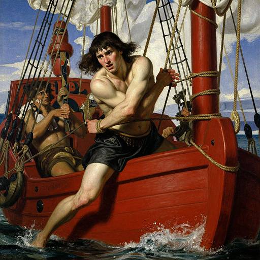 Digital painting of a muscular, shirtless man with long black hair rowing a red wooden ship amid choppy waters, with another person in the background