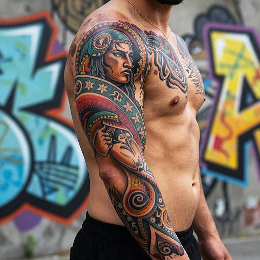 Photograph of a muscular, shirtless man with colorful, intricate tattoo sleeve of a mystical figure on his right arm, standing against a graffiti-covered urban
