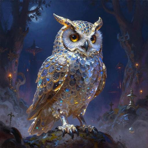 Digital painting of a glittering, gemstone-covered owl with large, yellow eyes, standing on a moonlit, mystical forest path surrounded by glowing lights