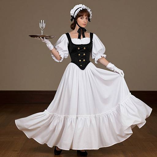 Photograph of a young woman in a white French maid dress with black corset, white gloves, and headband, holding a tray with a glass