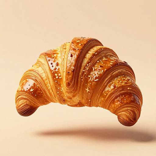 Photorealistic CGI of a golden-brown, glossy, sesame-seed-covered croissant floating against a bright white background, casting a soft shadow below