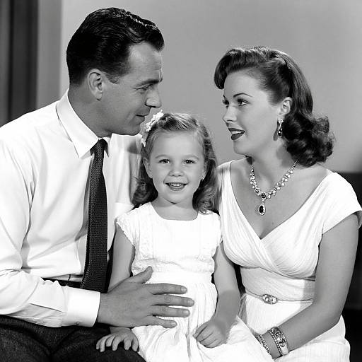 Black-and-white photograph of a 1950s family: father in suit, mother in elegant dress, and young daughter in white dress, smiling together