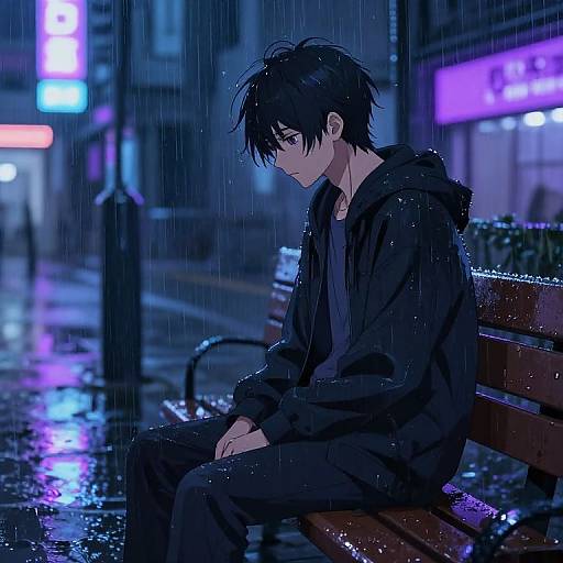Anime-style digital drawing: Sad young man with black hair and hoodie sits on a wet, rain-soaked bench in a neon-lit, blue-h