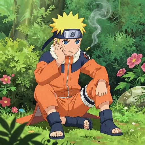 Digital anime-style drawing of Naruto, a blonde-haired ninja with blue eyes, sitting in a lush, green forest, smoking, wearing an orange gi and