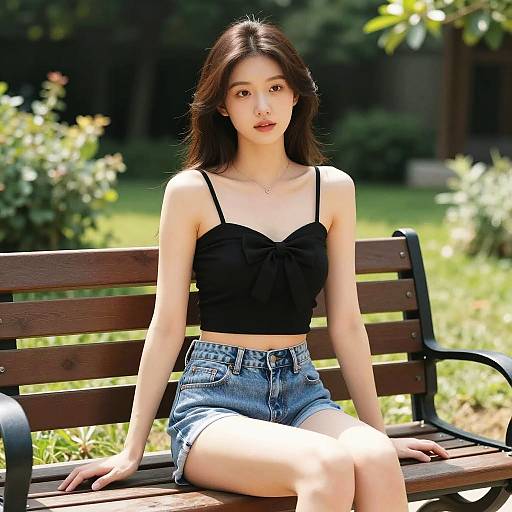 Young Woman Sitting on Bench in Garden