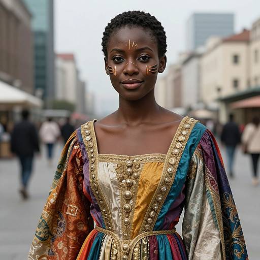 Photograph of a young African woman with dark skin and short curly hair, wearing an ornate, colorful, Renaissance-style dress with gold accents, standing