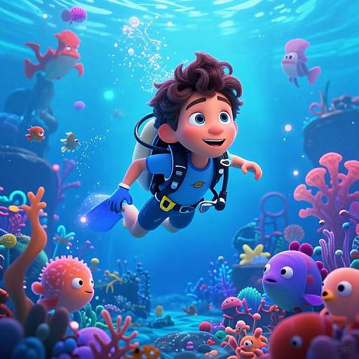 CGI illustration of a smiling young boy in scuba gear, swimming underwater amidst vibrant, colorful coral reefs and various fish. Bright blue water with light