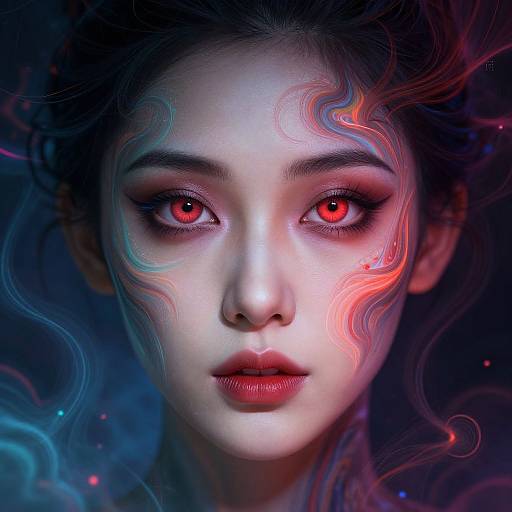 Digital artwork of a stunning woman with glowing red eyes, pale skin, and swirling neon blue and red patterns on her face, against a dark, mystical