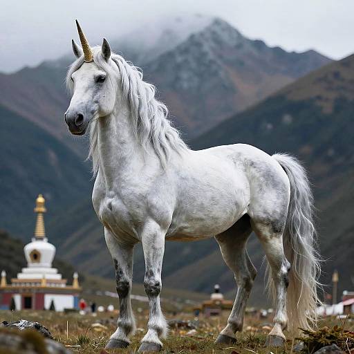 Photograph of a majestic white unicorn with a single gold horn standing in a mountainous landscape, with a distant Tibetan-style stupa in the background.