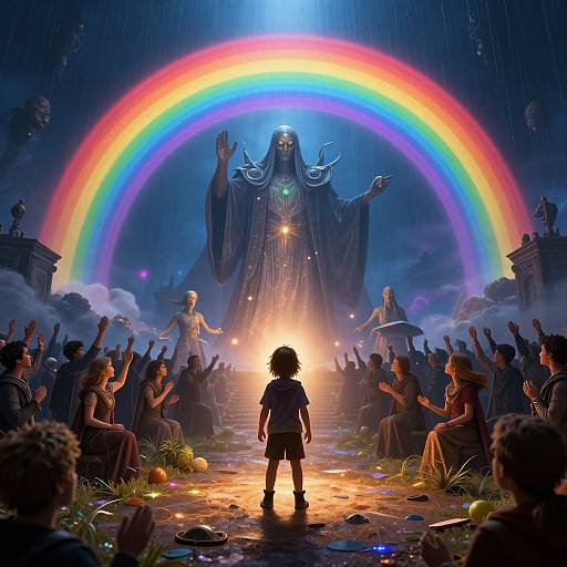 Digital art: Small child stands at rainbow-lit altar, facing towering, ethereal, blue-robed deity with glowing eyes, amidst rain, crowd