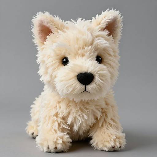 Photograph of a fluffy, cream-colored, stuffed terrier puppy with black eyes and nose, sitting against a plain gray background.
