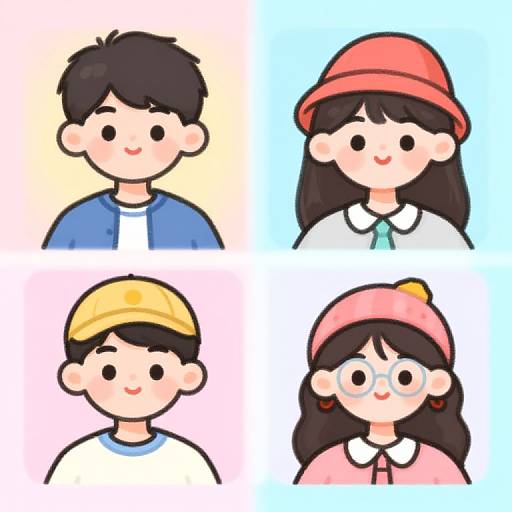 Digital cartoon drawing of four chibi-style children with large eyes and simple clothing; two boys and two girls, each with distinct hats. Bright pastel