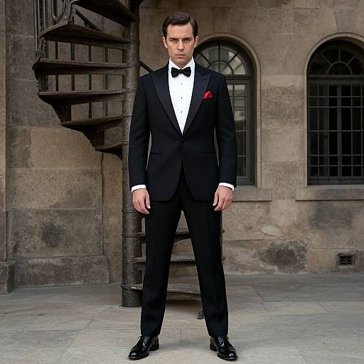 Photograph of a serious, handsome man in a black tuxedo with a red boutonniere, standing in front of a stone building with