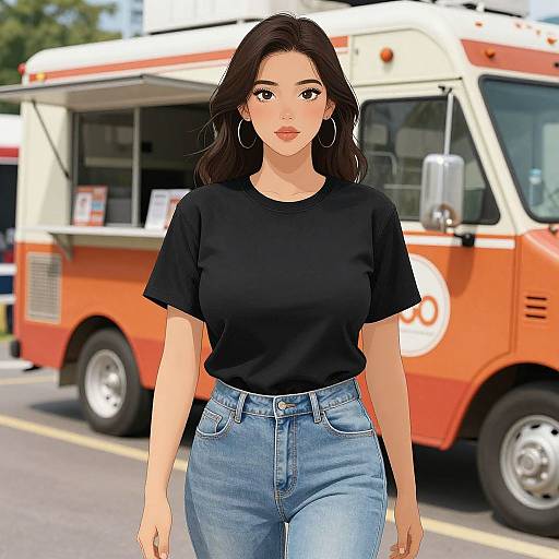 Digital illustration of a young woman with long dark hair, wearing a black t-shirt and blue jeans, standing in front of an orange food truck. She