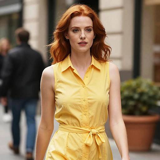 Photograph of a red-haired woman with fair skin wearing a yellow sleeveless button-up dress, walking on a city street with blurred background pedestrians and p