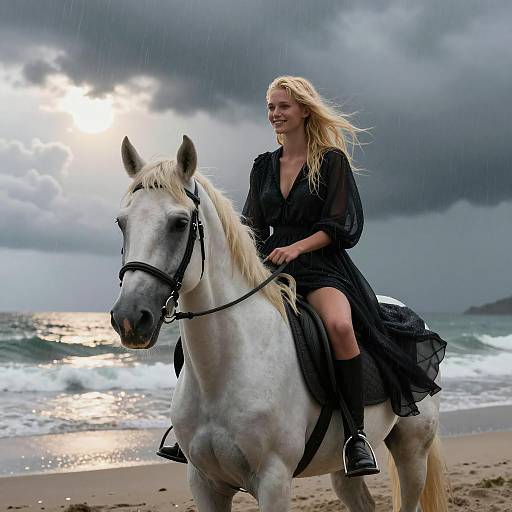 Blonde Woman Riding White Horse on Stormy Beach