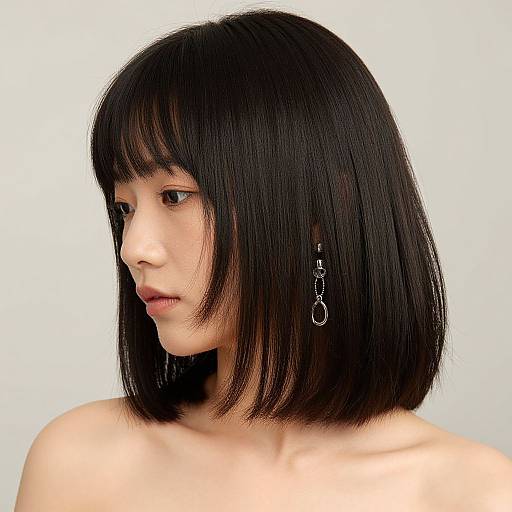Photograph of an Asian woman with straight, black bob haircut, wearing silver drop earrings, facing left, against a plain white background.