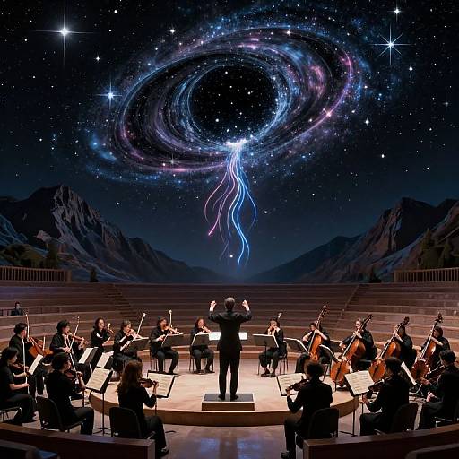 Photograph of a symphony orchestra performing under a starry night sky with a colorful galaxy and lightning-like streak above. Musicians seated in a circular