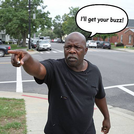 Photograph of a bald, dark-skinned man in a black t-shirt, pointing at the camera, shouting 