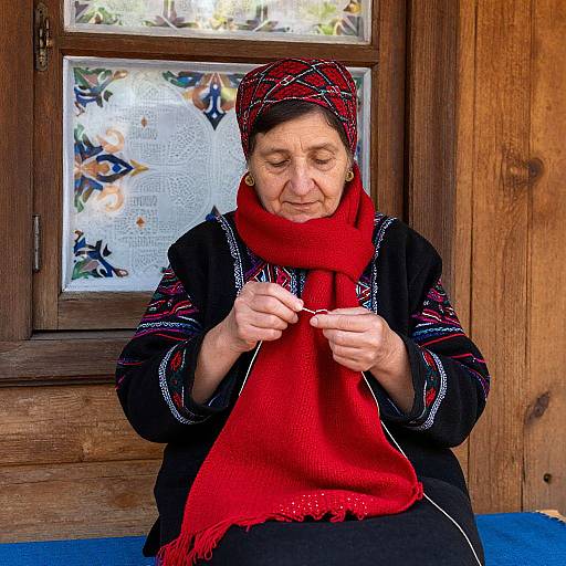 Elderly Woman Knitting in Balkan Style