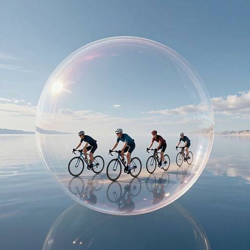 Photograph of four cyclists in reflective bubble, cycling in vast, mirrored desert with clear blue sky and sparse clouds.