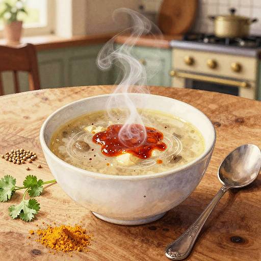 Photograph of steaming bowl of soup with red sauce, garnished with cilantro and spices, on rustic wooden table, spoon nearby.