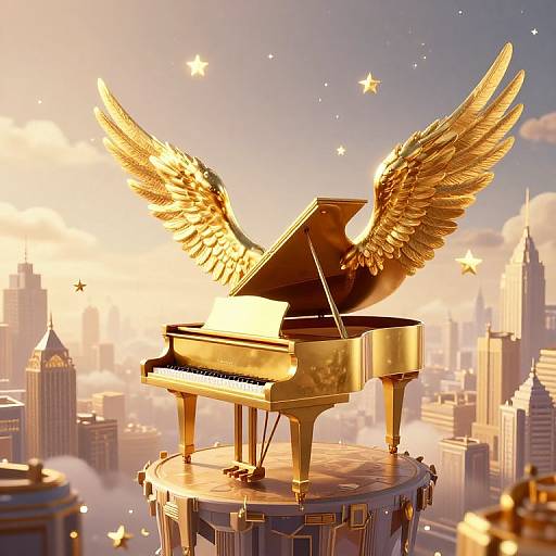 Golden winged grand piano floating above a cityscape at sunset, surrounded by sparkling stars, blending classical and fantasy elements.