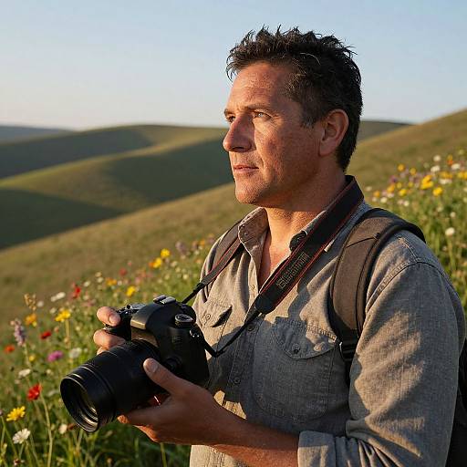 Photograph of a middle-aged man with short, dark hair, holding a camera, wearing a gray denim shirt, standing in a sunlit meadow