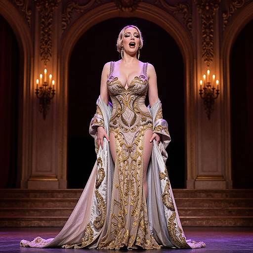 Photograph of a woman in an ornate, gold-embellished, low-cut gown with a long train, standing on a stage with arch