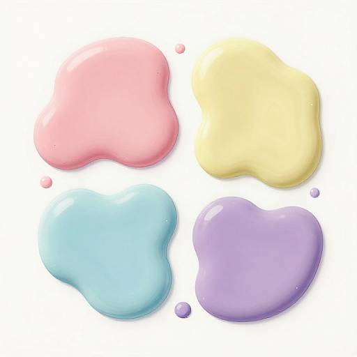 Photograph of four glossy, abstract, heart-shaped blobs in pastel colors: pink, yellow, blue, and purple, set against a white background