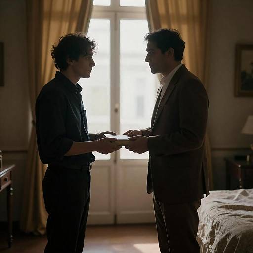 Silhouetted Exchange in Golden Curtains