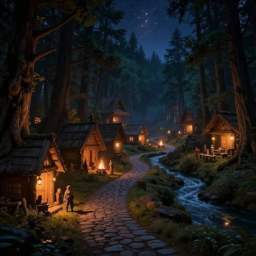 Enchanting nighttime forest village with glowing wooden huts, stone path, flowing stream, and starry sky, depicted in a magical, digital illustration