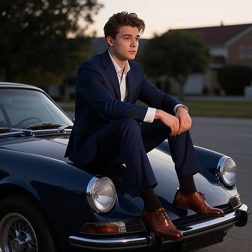 Photograph of a handsome young man with light skin, brown hair, and blue eyes, sitting on a black vintage car in a navy suit, white