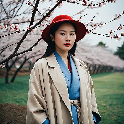 Asian Woman in Trench Coat and Kimono with Red Hat
