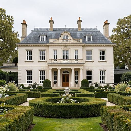 Photograph of a grand, symmetrical, cream-colored Georgian mansion with a slate roof, central balcony, and manicured, rectangular hedge garden.