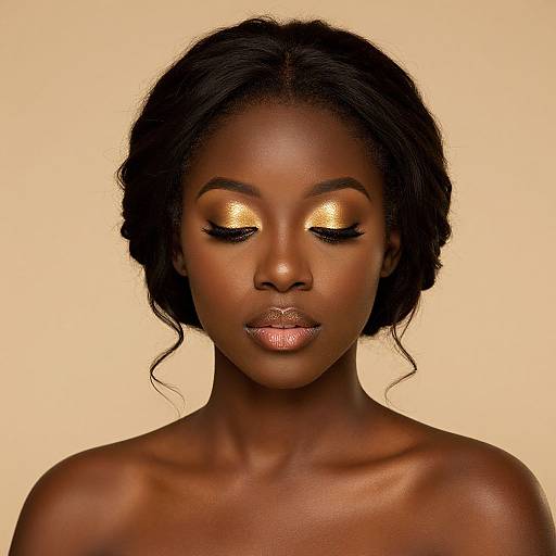 Photograph of a beautiful dark-skinned woman with glowing golden eye shadow, metallic copper lips, and braided hair against a soft beige background.
