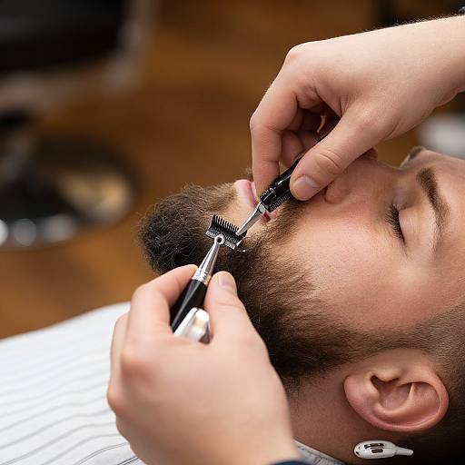 Photograph of a bearded man reclining, receiving a trim with electric clippers; a pair of hands carefully shaping his beard.
