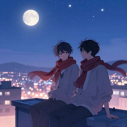 Anime-style drawing of two young men with short black hair, red scarves, sitting on a rooftop at night, moonlit cityscape background.