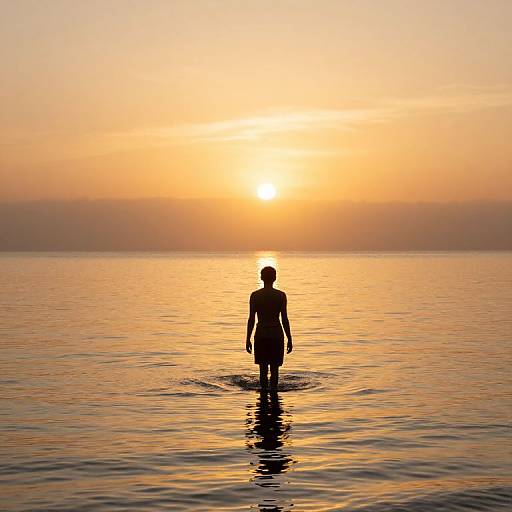 Silhouetted man wading in calm ocean at sunset, golden-orange sky reflecting on water, sun low on horizon, serene and peaceful.