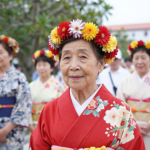 Photograph of an elderly Asian woman in a red floral kimono, wearing a colorful flower crown, smiling outdoors with blurred background.