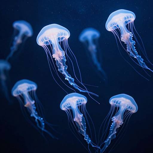 Photograph of glowing blue jellyfish with translucent, umbrella-shaped bodies and long, flowing tentacles in a dark, deep blue underwater scene.