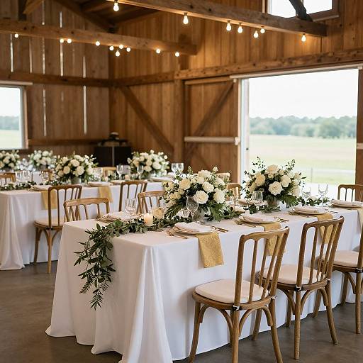 Rustic wooden barn wedding reception with white-draped tables, gold sashes, white floral centerpieces, wooden chairs, and string lights.